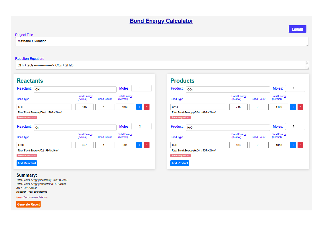 Bond type selection page to calculate bond energy